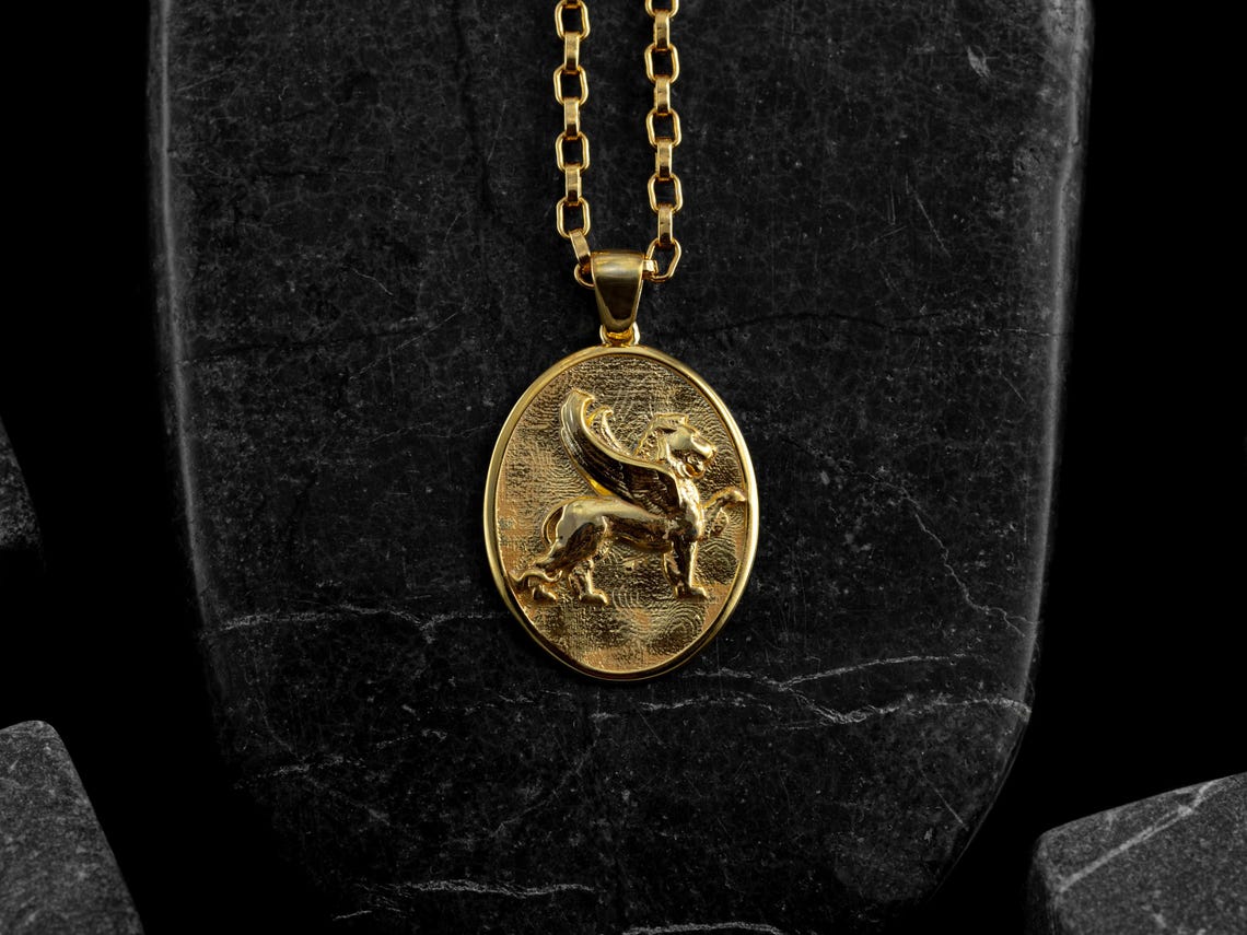 Lion of Saint Mark 14k Yellow Gold Necklace, Winged Lion Solid Gold ...