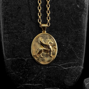 Löwe der Heiligen Markierung 14k Gelbgold Halskette, geflügelter Löwe aus massivem Gold Anhänger für Talisman, Goldene griechische Mythologie Goldmedaillon, Goldgeschenke