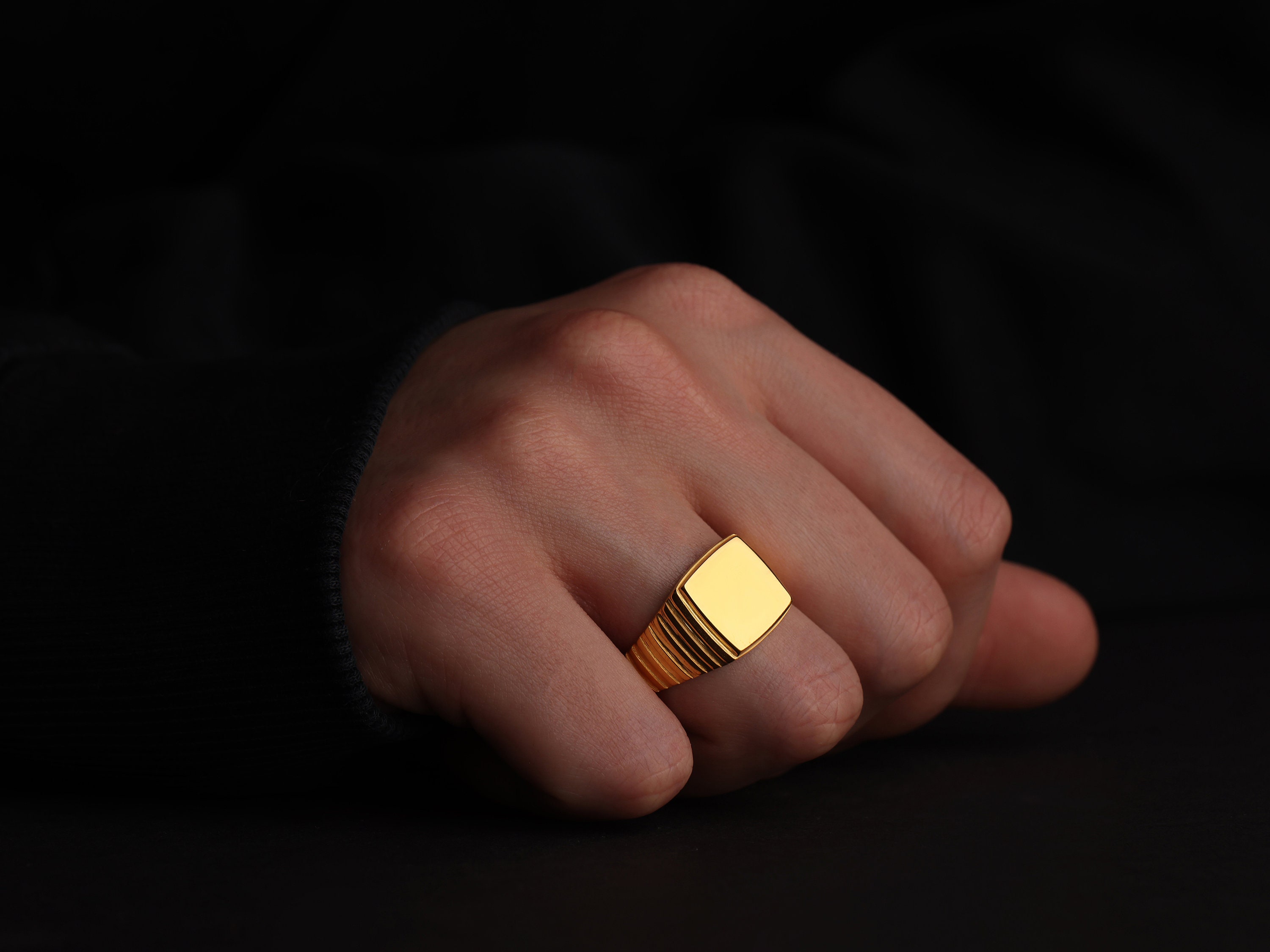 14K Gold Square Signet Ring for Men, Plain Mens Wedding Band Ring in ...