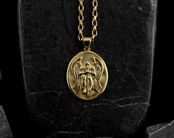 St michael archangel 21k solid necklace, Saint michael solid gold charm for protection, Solid gold medallion, Gold men or boyfriend necklace