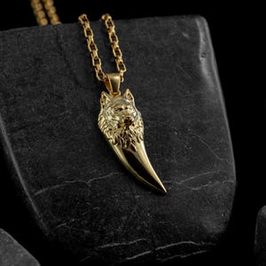 21K wolf head on wolf tooth solid gold pendant necklace, Strength necklace in 14k yellow gold, Unique men&#39;s charm necklace in real 18k gold