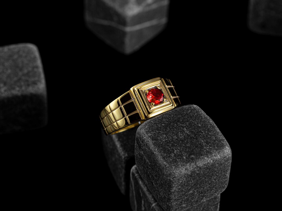 Men Gold Ring Ruby Inlay 14K Solid Gold Men Ring With Red Ruby Gemstone, Square Cut Ruby Gold ...