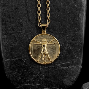 Vitruvian man pendant necklace in 14k solid gold, High renaissance coin necklace in yellow gold, Solid gold medallion, Anniversary gold gift