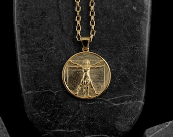 Vitruvian man pendant necklace in 14k solid gold, High renaissance coin necklace in yellow gold, Solid gold medallion, Anniversary gold gift
