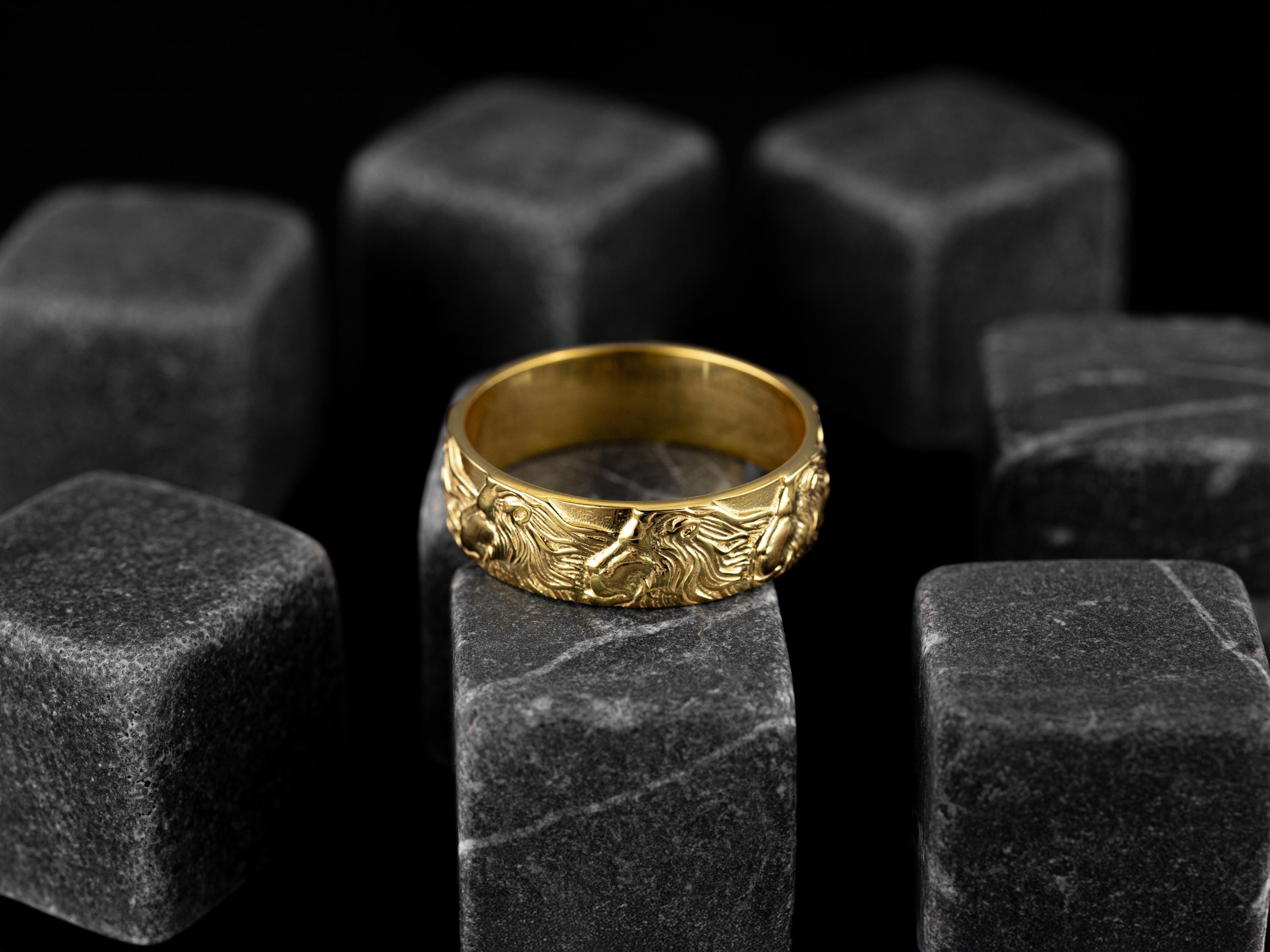 Maned Lions Mural Engraved Textured Gold Men Band Ring, Zodiac 18K Wedding Man Ring, Handmade Unsual Leo Promise Ring, Anniversary Gold Gift