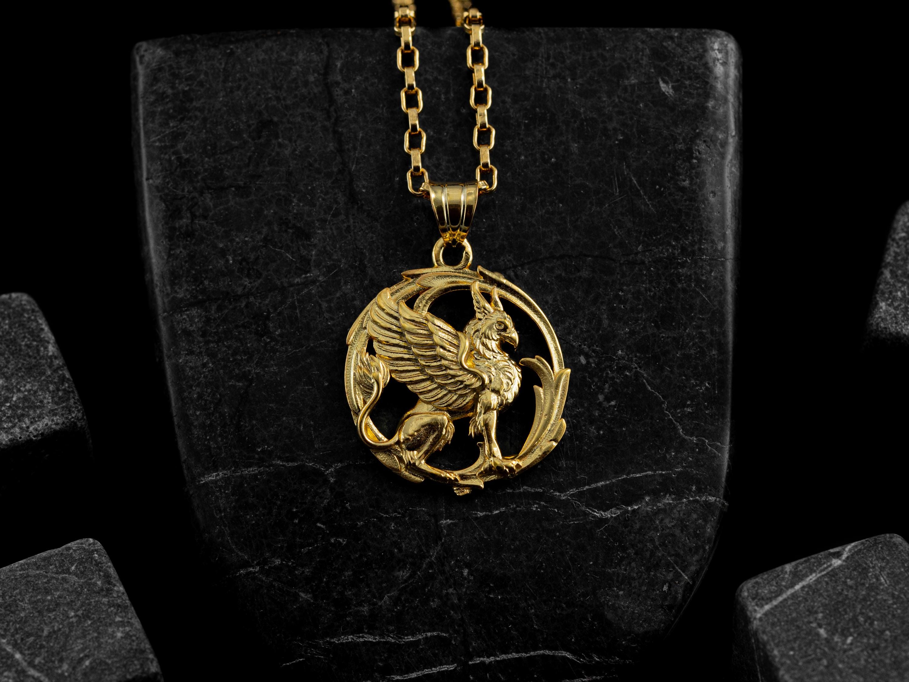 Handmade 14K Gold Griffin Necklace for Men, Gryphon Medallion Legendary Creature Pendant, Gold Mythology Jewelry, Unique Gift for Boyfriend