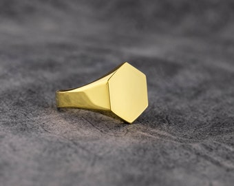 Hexagon Herren Siegelring aus 18K Gold, Handgefertigter Siegelring für Männer aus 14K Gold, geometrischer Goldring für den Ehemann