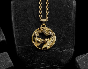 Collar del zodiaco Piscis en oro macizo de 14 quilates, colgante con dije de Piscis grabado, joyería de oro con el horóscopo, regalo único para amantes de los animales, regalo de oro de lujo