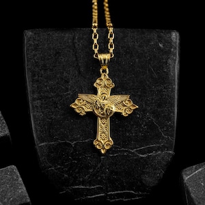 21K Solid Gold Saint Michael Archangel Protection Cross Necklace, Handmade Gold Divine Guard Charm Necklace, Unique Gold Gift for Catholics