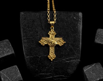 21K Solid Gold Saint Michael Archangel Protection Cross Necklace, Handmade Gold Divine Guard Charm Necklace, Unique Gold Gift for Catholics