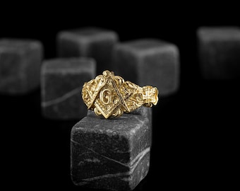 Solid Gold Masonic Ring with Floral and Cross Motifs, Freemason Symbol 14K Gold Men Ring, Anniversary Gift For Wife, Luxury Men Gold Jewelry