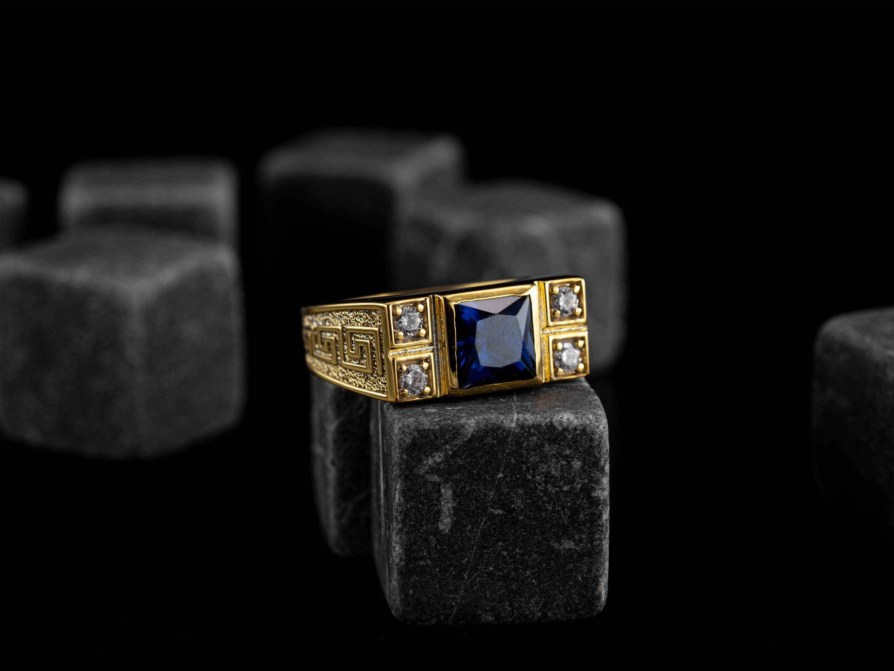 Sapphire Stone Mens 14K Gold Ring, Square Cut Blue Sapphire Ring with Engraved Greek Patterns, Unique Mens Wedding Ring, Anniversary Gifts