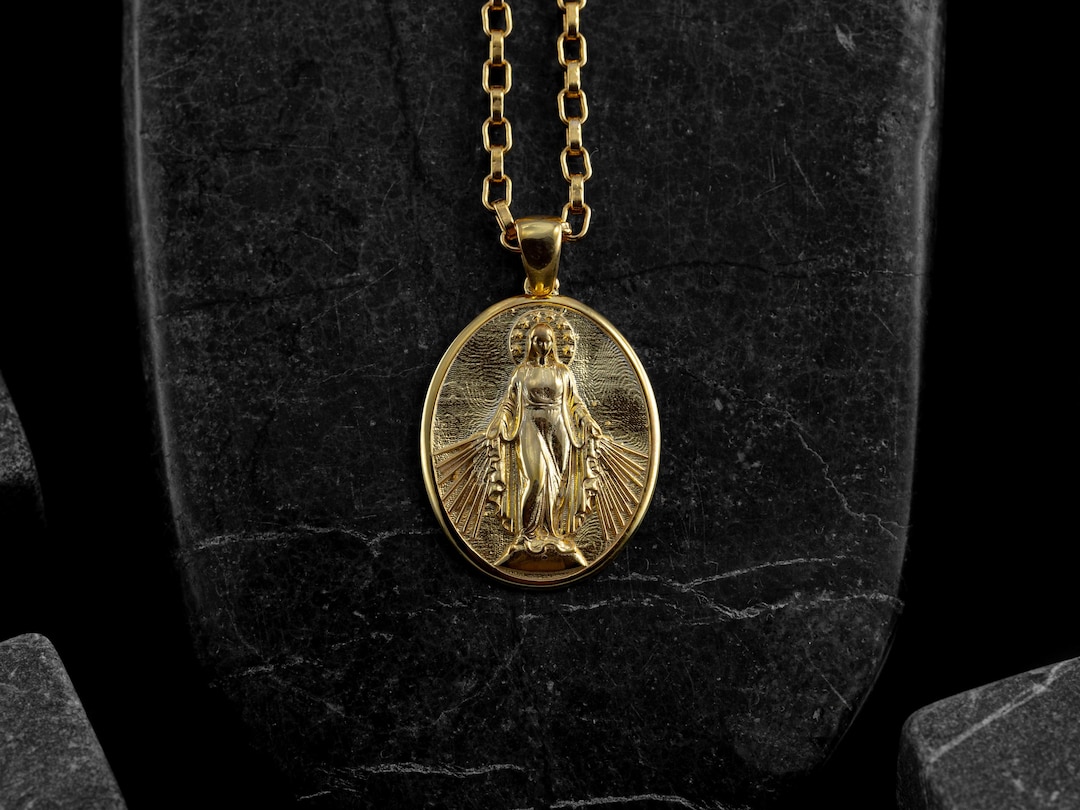 Miraculous Virgin Mary Medal Necklace in 14k Gold, Mother Mary 18k Gold ...