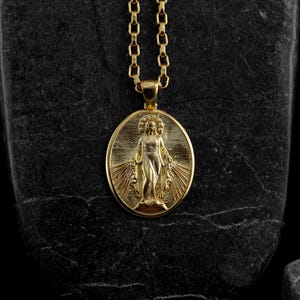 Miraculous virgin mary medal necklace in 14k gold, Mother mary 18k gold pendant for mama, Solid gold medallion for men, Christian men gifts