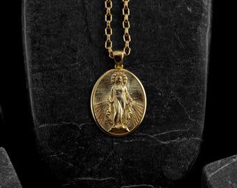 Miraculous virgin mary medal necklace in 14k gold, Mother mary 18k gold pendant for mama, Solid gold medallion for men, Christian men gifts