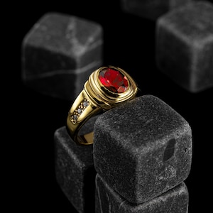 Red Ruby Oval Men Signet 14K Gold Ring For Mens, Oval Cocktail 18K Men Ring, Luxury Gold Gemstone Men Ring, Modern Gold Ring