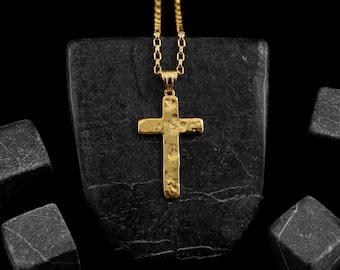 Solid Gold Brutal Broken Cross Necklace for Men, Forged 21K Gold Crucifix Pendant, Gold Gift Jewelry for Men, Unique Mom Gift, Couple Gifts