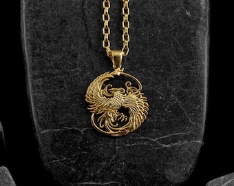 Phoenix fire bird necklace in 14k solid gold, Unique talisman pendant in solid gold, solid gold charm for daughter, Good gift for mam or dad