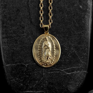 Maagd Maria van Guadalupe medaillon massief gouden kettingen, 14k gouden katholieke ketting voor moeder, massief gouden hanger voor vrouw, cadeau voor verjaardag