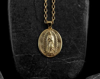 Virgin mary of guadalupe medallion solid gold necklaces, 14k gold catholic necklace for mom, solid gold pendant for wife, Gift for birthday