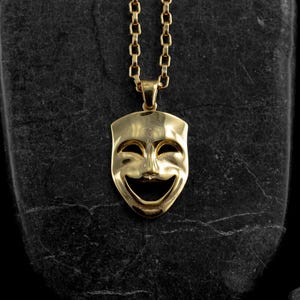 Elegant Gold Theater Mask Pendant - Hammered Drama Necklace