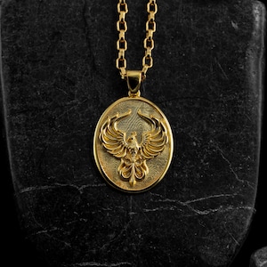 Phoenix 21k solid gold charm necklace for family legacy, Fire bird pendant in 14k solid gold, 21k gold occult necklace, Gold gift necklace