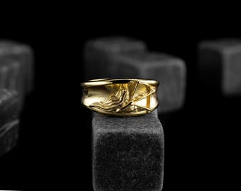 Anel de banda masculino de ouro do zodíaco Sagitário, anel de banda de casamento de ouro oxidado Sagitário, anel de banda de presente de ouro para amantes de animais, anéis de presente de ouro masculinos