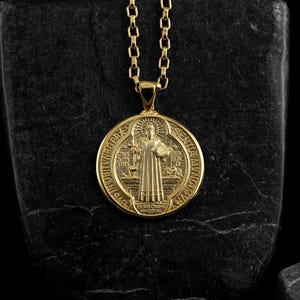 St benedict of nursia charm necklace in 14k solid gold, Saint benedict religious medal in 21k gold faith necklace, Gift for mom or dad