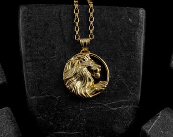 Zodiac Leo Necklace in 14K Solid Gold, Astrology Gold Pendant for Men, Engraved Leo Horoscope Necklace, Unique Animal Lover Gift, Gold Gifts