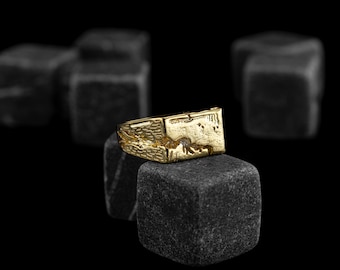 Vintage Style Broke Rock Solid Gold Signet Men Ring, 21K Gold Pinky Minimalist Men Ring for Everyday Use, Gold Gift Ring for Husband or Dad