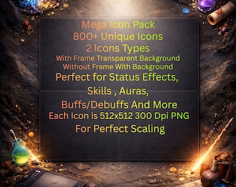 Mega-RPG-pictogrampakket: 800+ fantasiestatuseffectpictogrammen | Verbeteringen/verbeteringen | 2 versies | 512 x 512 png-bestand | Commerciële licentie