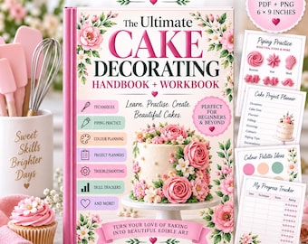 Cake Decorating Handbook Workbook, Buttercream Piping Practice Guide, Beginner Baking Planner, Printable PDF PNG Download