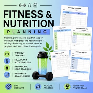 Peut inclure: Visuel de planification de la forme physique et de la nutrition avec le texte « Fitness & Nutrition Planning ». L'image comprend des suivis d'entraînement, des plans de repas, une bouteille shaker, un haltère et d'autres documents liés à la forme physique.