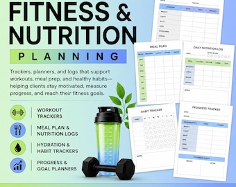 Fitness Nutrition Planner Bundle, Workout Tracker, Meal Prep Organizer, Weight Loss Journal, Habit Log, Printable Digital Download