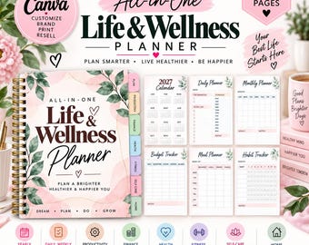 2027 Life Wellness Planner, 104 Page Editable Canva Template, Printable Organizer, Budget Fitness Self Care Home System