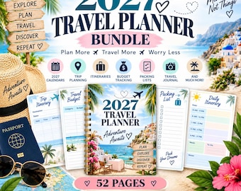 2027 Travel Planner Bundle, Printable Vacation Itinerary, Editable Canva Template, Budget Tracker, Packing Checklist, Digital Journal