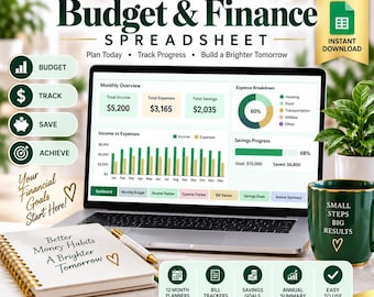Google Sheets Budget Dashboard, Monthly Planner, Expense Tracker, Bill Organizer, Savings Goals, Digital Finance Template