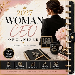 May include: A 2027 Woman CEO Organizer planner with a black cover, gold spiral binding, and pink watercolour accents. The cover features the text 2027 WOMAN CEO ORGANIZER, PLAN, LEAD, ACHIEVE, REPEAT, and a black mug with the text CEO MINDSET.