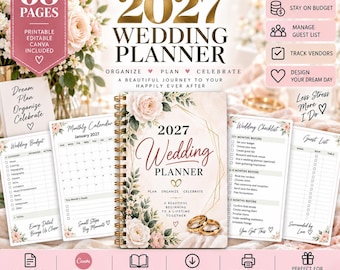2027 Wedding Planner Printable Workbook, Editable Canva Template, Budget Tracker, Guest List, Timeline, Seating Chart, Digital Download