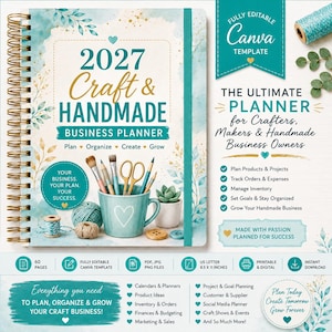 Könnte beinhalten: Ein 2027 Craft & Handmade Business-Planer mit Spiralbindung und einem blaugrünen sowie goldenen Aquarelldesign. Das Cover zeigt Kunstbedarf in einer Tasse, Garn und den Text 'Plan, Organize, Create, Grow' sowie '8.5 X 11 INCHES'.