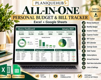 All In One Personal Budget Spreadsheet Bill Tracker Excel Google Sheets Finance Planner Digital Download