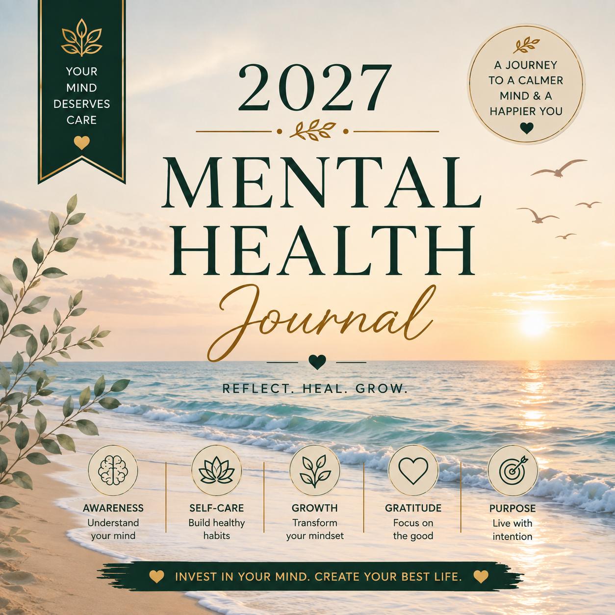 2027 Mental Health Journal, Self-Care Planner, Mindfulness Tracker (PDF, Editable Canva)