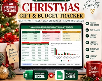 2026 Christmas Gift & Budget Tracker Spreadsheet | Holiday Shopping Planner, Expense Log, Wish Lists