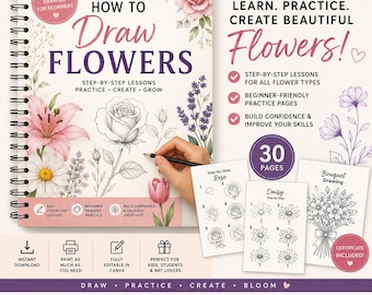 How to Draw Flowers Workbook, Step-by-Step Floral Art Lessons (Canva Template)