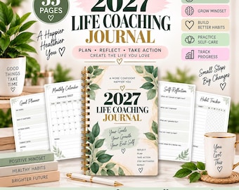 2027 Life Coaching Journal Printable Workbook, Goal Setting Planner, Self Discovery Prompts, Habit Tracking, Personal Growth Canva Template