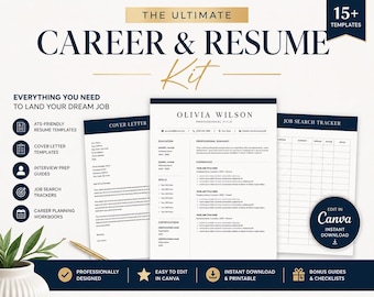 Career Resume Kit Canva Template Bundle, ATS Friendly CV, Cover Letter, Job Search Tracker, Interview Prep, Digital Download