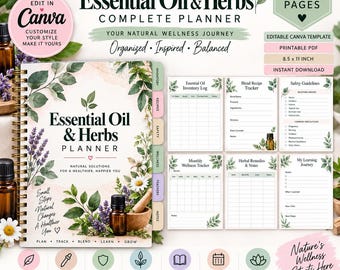 Essential Oil Herbs Planner, Editable Canva Template, Printable Aromatherapy Journal, Blend Recipe Tracker, Wellness Notes