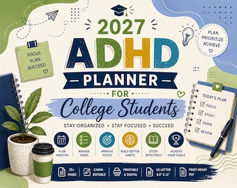 2027 ADHD College Student Planner | Canva Editable, Printable PDF (US Letter)