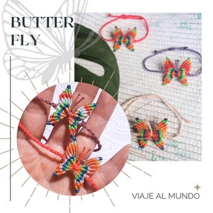 May include: Three colorful butterfly friendship bracelets with a multi-colored string design. The bracelets are tied in a knot and feature a butterfly shape. The text "VIAJE AL MUNDO" is visible in the image.
