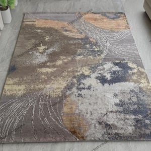 ハンドノットシルクウールラグ：モダンアブストラクトグレーブラウンブルーアクセント、8x10エリアラグ